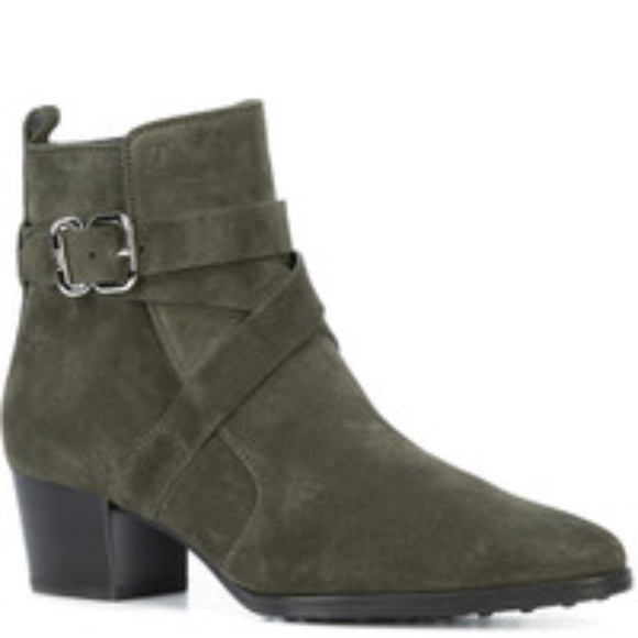 TOD'S Olive Suede Ankle-Strap Ankle Boots EUC/sz 9